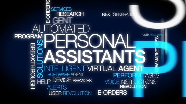 Automated Personal Assistant words tag cloud Intelligent Personal Assistant text mobile software agent virtual assistant device blue