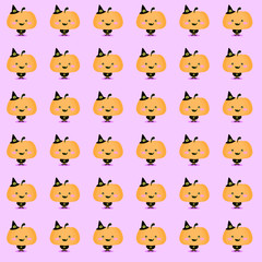 Fototapeta premium Halloween illustration of a cute kawaii pumpkin in a witch costume for Halloween. The background is purple with some clouds, stars and a Moon. Childish design for the whole family. Trick or treat?