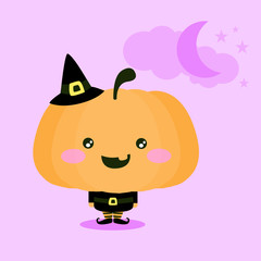 Halloween illustration of a cute kawaii pumpkin in a witch costume for Halloween. The background is purple with some clouds, stars and a Moon. Childish design for the whole family. Trick or treat?