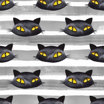 Simple Halloween seamless pattern 12. Black cat. Watercolor sketch