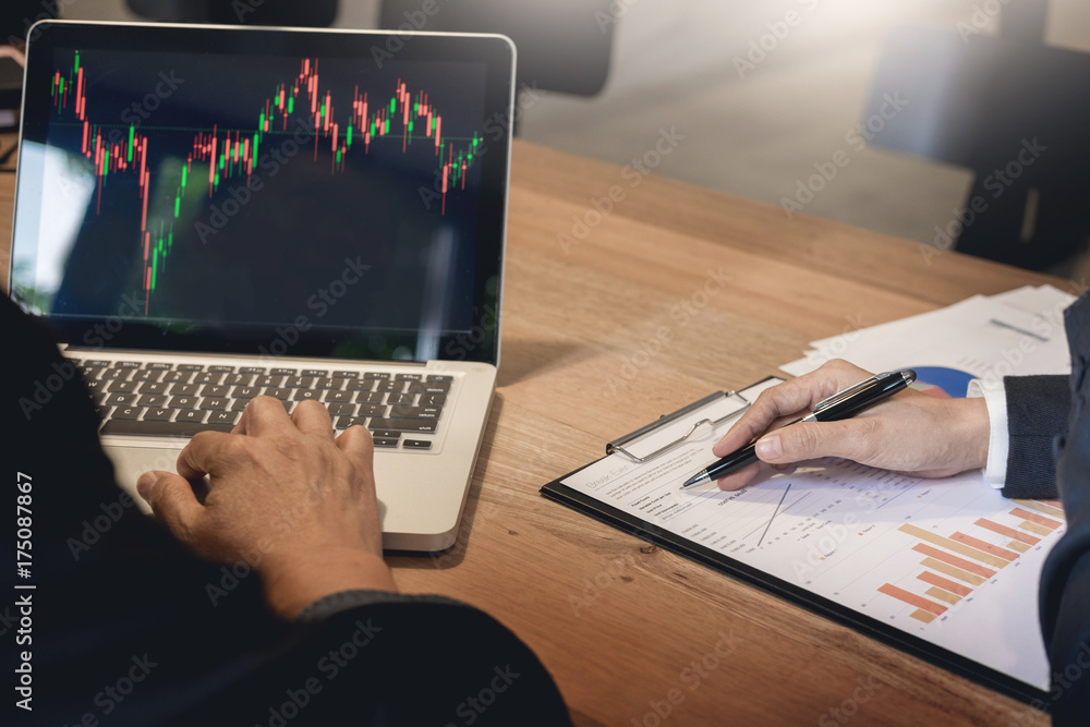 Poster finance trade manager showing reports screen analysis finance currency data on stock trade graph on 