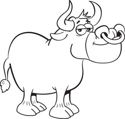 Black and white illustration of a bull with a ring in its nose.