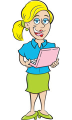 Cartoon illustration of a woman holding a laptop computer.
