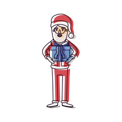 santa claus caricature full body with gift box hat and costume watercolor silhouette on white background