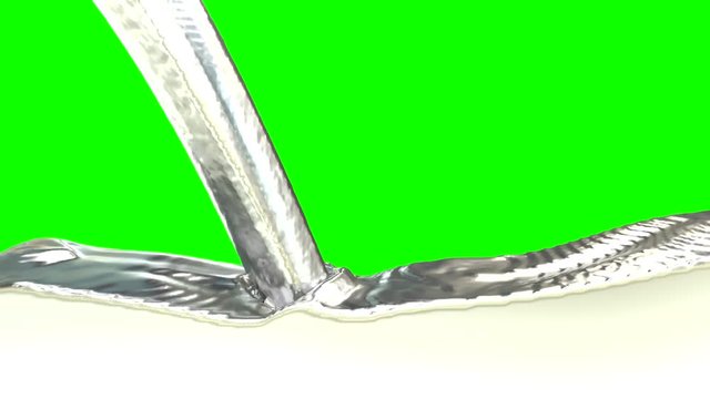 Animated silvery paint or melted silver pouring and filling up whole container against green background. One inflow sources.