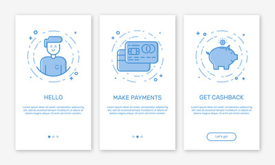 Vector Illustration of onboarding app screens and web concept with welcome, credit cards, money box screen in line style