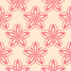 Red floral ornament on beige background. Seamless pattern for textile and wallpapers