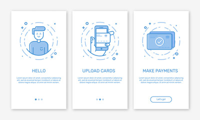 Vector Illustration of onboarding app screens and web concept with welcome, mobile, credit cards in line style.