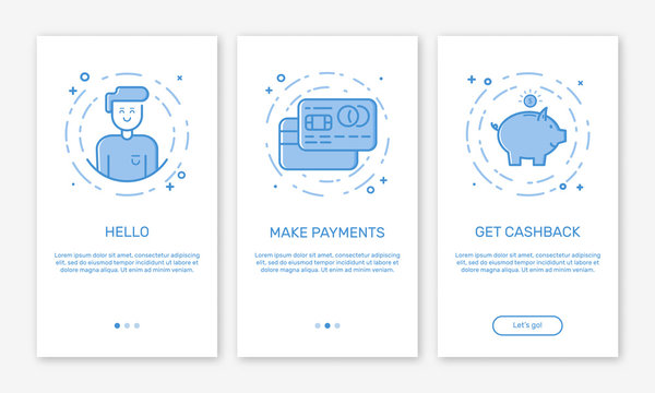 Vector Illustration Of Onboarding App Screens And Web Concept With Welcome, Credit Cards, Money Box Screen In Line Style