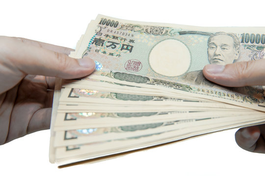 People giving money Japanese yen banknotes to parter isolate on white background.