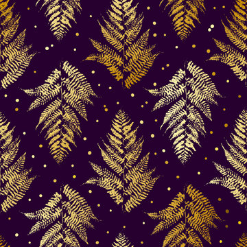 Seamless Pattern With Golden Fern Leaves