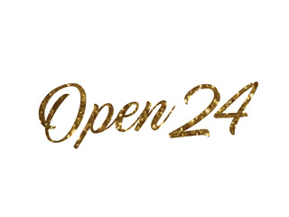 Golden glitter of isolated hand writing word OPEN 24 hours