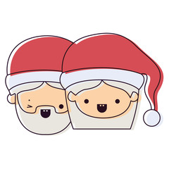 santa claus couple cartoon faces man wink eye and woman smiling watercolor silhouette on white background