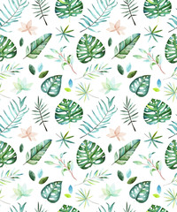Watercolor tropical seamless pattern on a dark background. Pattern with tropical leaves and branches. Perfect for design wedding cards,cover,wallpapers,patterns,invitations.