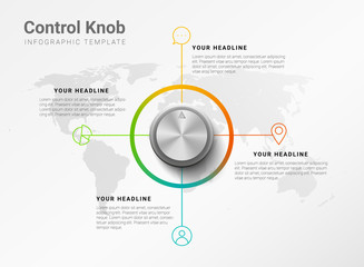 Vector minimalistic modern infographic template with metallic control knob and four steps or options with world map in the background