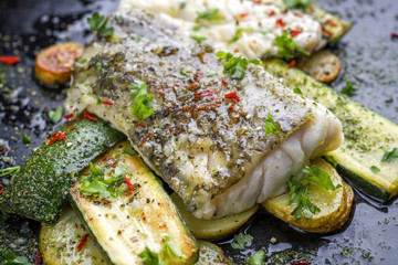 Kabeljau Filet gebraten mit Gemüse und Kartoffel und Gemüse als top-view auf altem Board