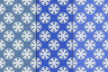 Set of floral ornaments. Blue vertical seamless patterns. Wallpaper backgrounds