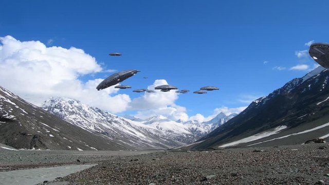 A loop of alien spaceships flying in the Himalayan mountains, for futuristic, fantasy and war game backgrounds.
