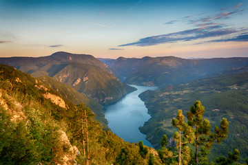 View of the Banjska stena Tara mountain landscape with the sunrise