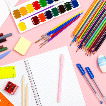Back to school supplies flat lay, copy space,