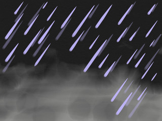 Colorful silhouette of hand drawn blue drops and black cloudy sky with watercolor texture background, painted cartoon illustration of rain weather, high quality