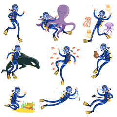 Diving and snorkeling set, diver in underwater swimming and searching treasures on sea bottom vector Illustrations