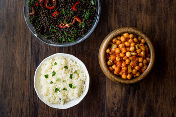 Chana Masala Chickpeas served with rice and Black Lentil Salad.