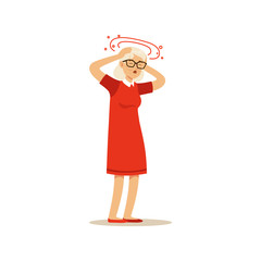 Old Female Character Feeling Vertigo Migraine Headache Colourful vector Toon Cute Illustration