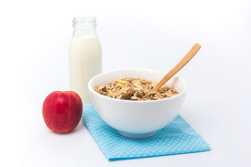 Cake chocolate brownies and milk and red apple