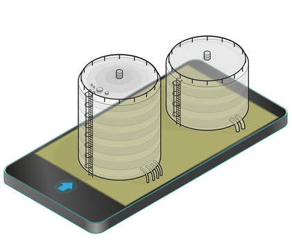 Outlined gasoline cistern, isometric building in mobile phone. Diesel, fuel supply resources. Gas tank on pillars in communication technology, paraphrase. Water reservoir. Isolated master vector icon.