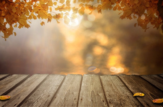 Holztisch mit Herbstbl&auml;tter
