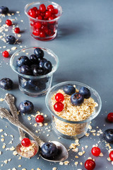 granola, oatmeal and fresh juicy berries cranberries and blueberries, concept of vegetarian healthy eating