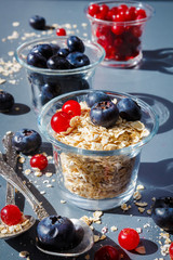 granola, oatmeal and fresh juicy berries cranberries and blueberries, concept of vegetarian healthy eating