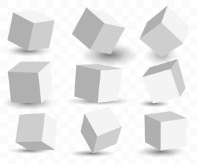 Set of Cube icons in perspective view with shadow isolated on transparent background