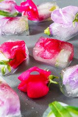 Cubes of frozen ice with flowers for cosmetic procedures face on a gray background with drops of water