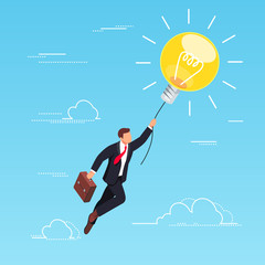 Businessman flying on light bulb in the sky.