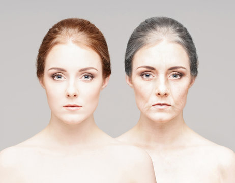 Collage Of Two Portraits Of The Same Old Girl And Young Girl. Face Lifting, Aging And Skincare Concept.