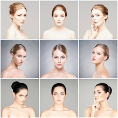 Collage of different women portraits. Spa, face lifting, plastic surgery concept.
