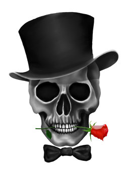 Red rose skull with top hat.Ghost,Grim,Death,Halloween,dark painting.illustration.