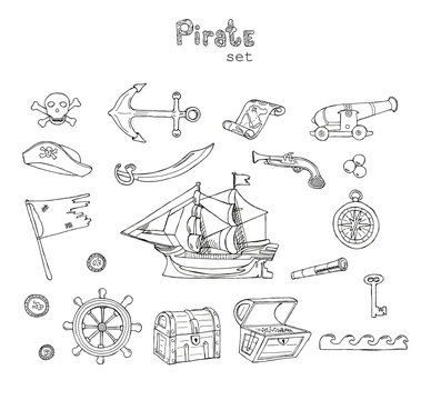 Hand drawn illustration coloring book Pirate set with ship, map, anchor, flag, helm, chest, telescope, compass isolated on white