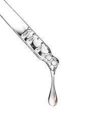 Cosmetic pipette with a drop close up on white background - obrazy, fototapety, plakaty