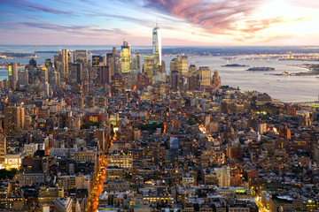 New York City Manhattan at sunset aerial view