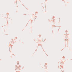 Seamless pattern, background with dancing skeletons in rose gold color. Vector illustration.