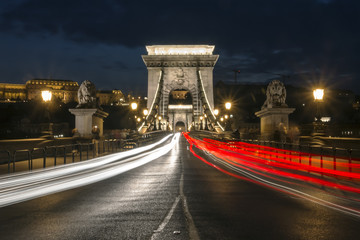 Fototapeta na wymiar Long Exposure shot inside Chain Bridge of Budapest
