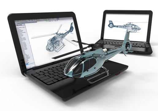 Helicopter design / 3D render image representing an helicopter in wire frame on  laptop 