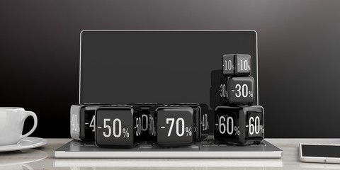 Black Friday online sale. Black sale cubes on a laptop. 3d illustration