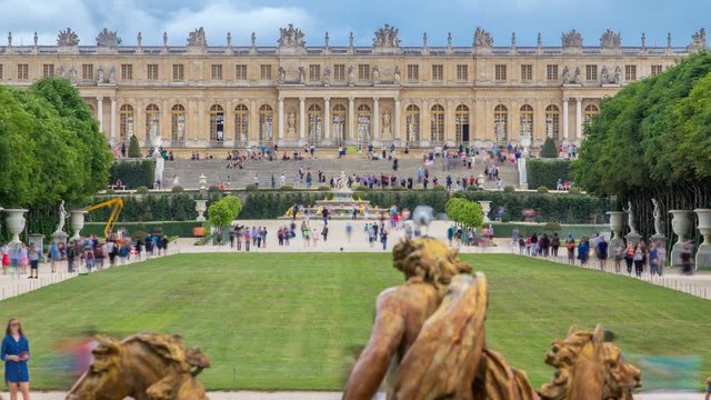 Famous palace Versailles with beautiful gardens timelapse.