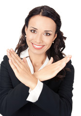  Businesswoman with stop gesture, on white