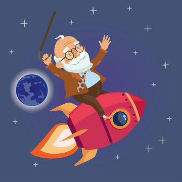active old man flying rocket in the starry sky. vector