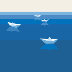 Background with paper boats sailing on water with ripples